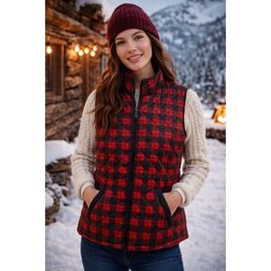 Karen Scott Sport Buffalo‎ Plaid Quilted Vest Womens Sz Large Red Black Preppy